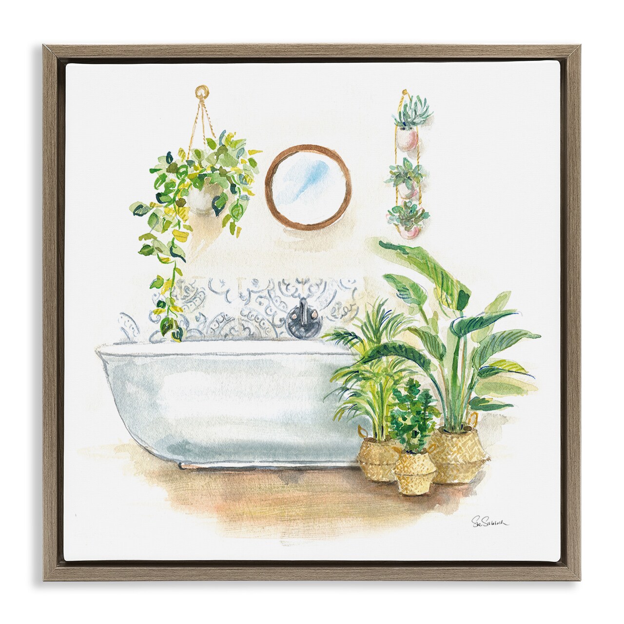 Stupell Industries Serene Bathroom Interior with Greenery Framed Floater Canvas Wall Art